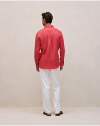 Trenery - Regular Fit Linen Classic Long Sleeve Shirt in Crimson