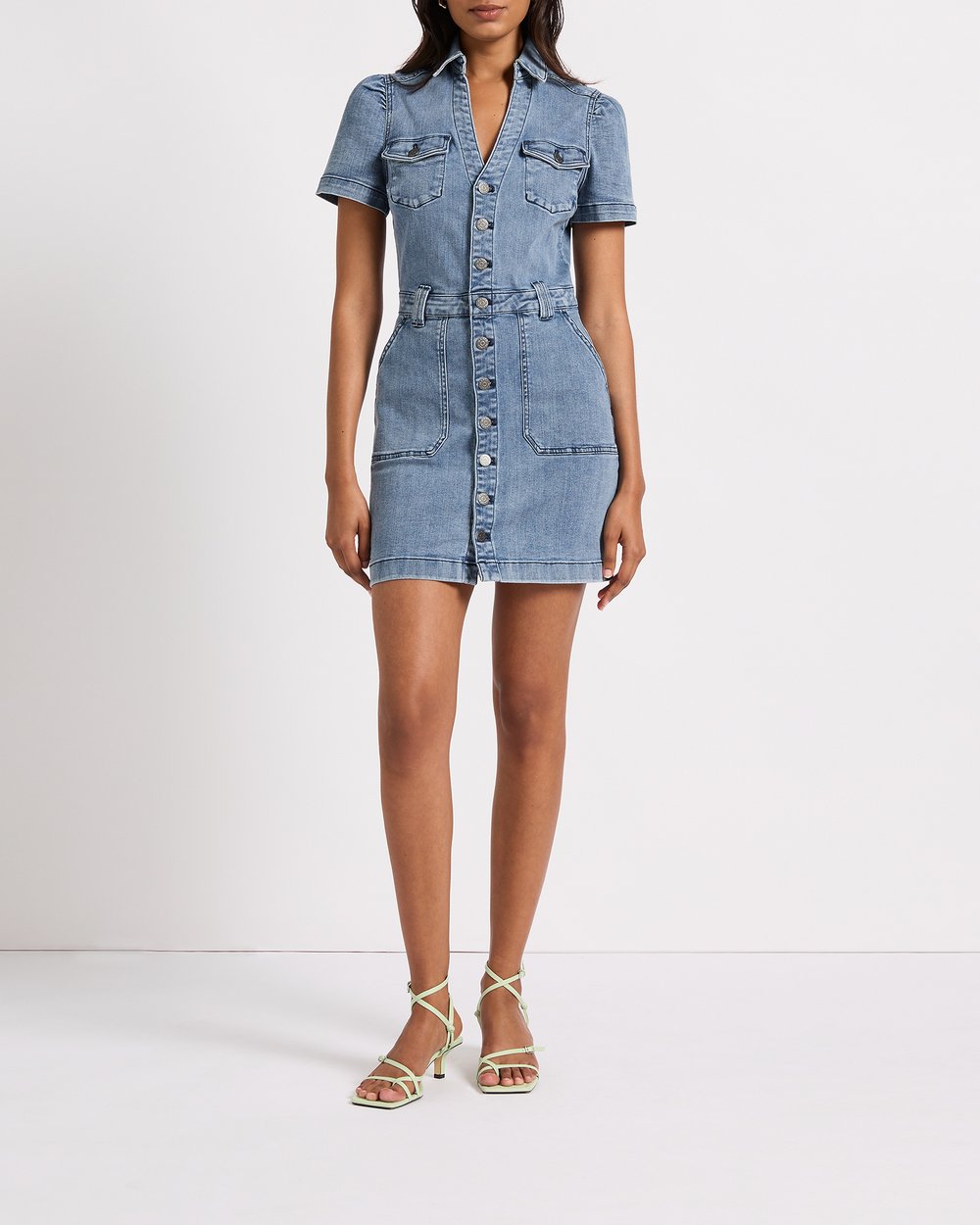 grace denim pocket mini dress Denim Square Neck Sleeveless Patch Pocket Mini Dress
