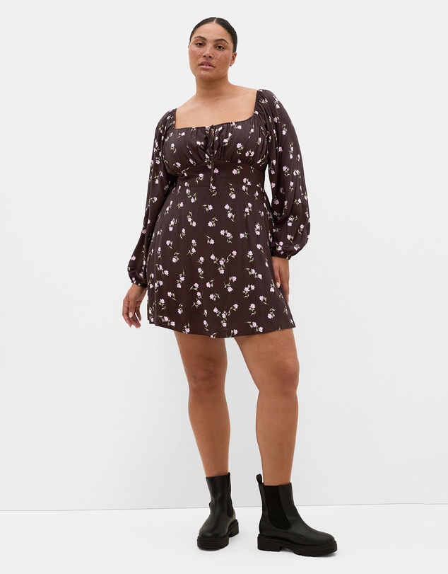 City Chic - Plus size Aire Field Print Long Sleeve Mini Dress - chocolate