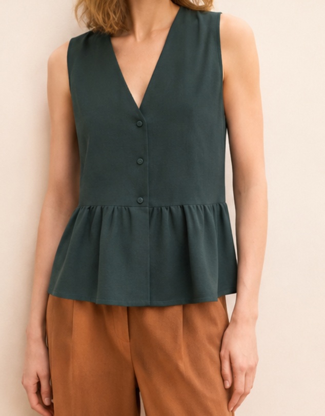 Emme | Max Mara Group - Dark Green Viscose Linen Blend Waistcoat Top
