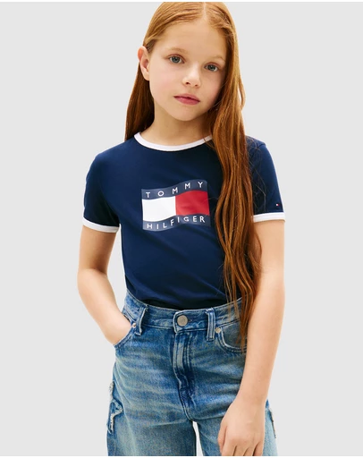 Tommy Hilfiger - Girls Wavy Flag Jersey Ringer T-Shirt - Teens