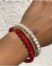 Nialaya Jewellery - Wristband with White Pearls and Red Evil Eye Charm