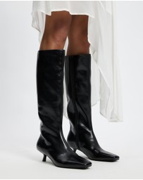 AERE - Maria Leather Knee High Kitten Heel Boots
