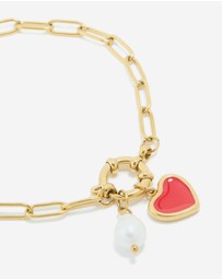 Lovisa - Waterproof Gold Plated Stainless Steel Red Enamel Heart & Pearl Charm Bracelet