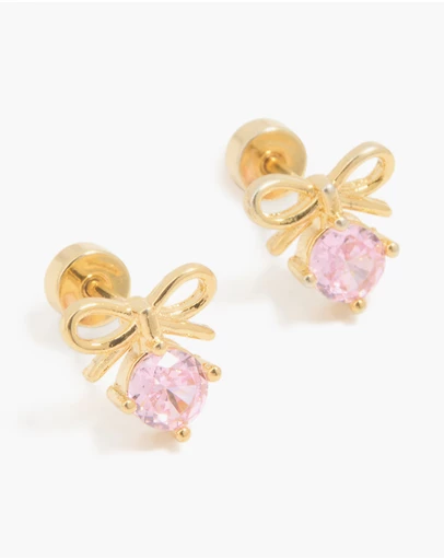 Lovisa - Kids Gold Plated Surgical Steel Pink Cubic Zirconia Bow Flat Back Earrings