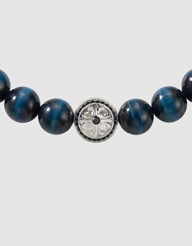 GUESS - GUESS Mens 6mm Round Blue Tiger Eye Stone Beads Bracelet