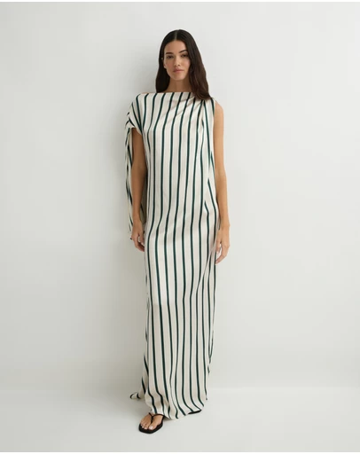 BONDI BORN - Cannes Silk Asymmetric Maxi Dress - Forest Stripe