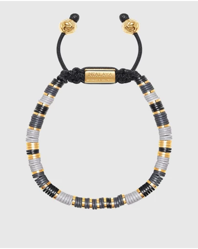 Nialaya Jewellery - Men's Beaded Bracelet with Grey and Gold Disc Beads