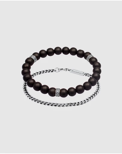 Kuzzoi - ICONIC EXCLUSIVE - Bracelet Set Onyx Stone Curb Chain Masculine in 925 Sterling Silver