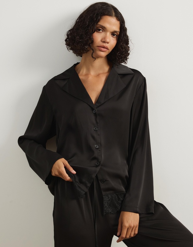 Atmos&Here - Pearl Lace Trim Long Sleeve Satin Pyjama Set