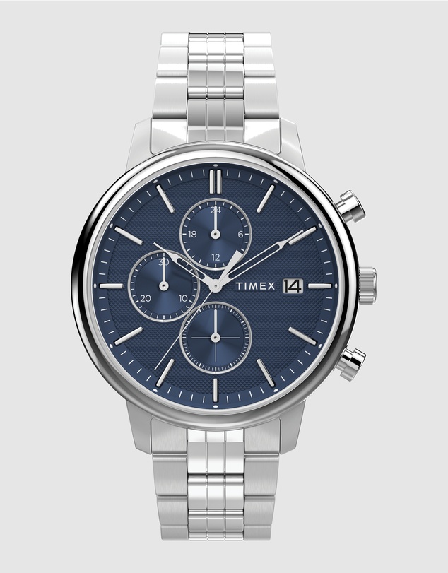 TIMEX - Chicago Chrono 45mm Silver Tone Blue Dial Bracelet