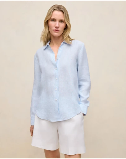 Trenery - Yarn Dyed Stripe Linen Shirt in Dove Blue
