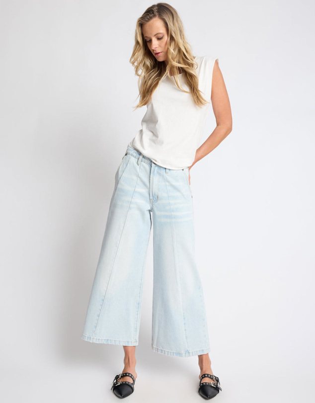 ONE TEASPOON - Hayden Mid Waist Wide Leg Cropped Denim Jeans - Bel Air Blue