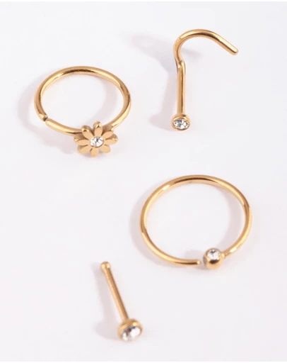 Lovisa - Gold Plated Surgical Steel Flower & Diamante Nose Stud 4-Pack
