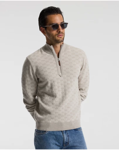 Calibre - Quarter Zip Monogram Jacquard Sweater Stone