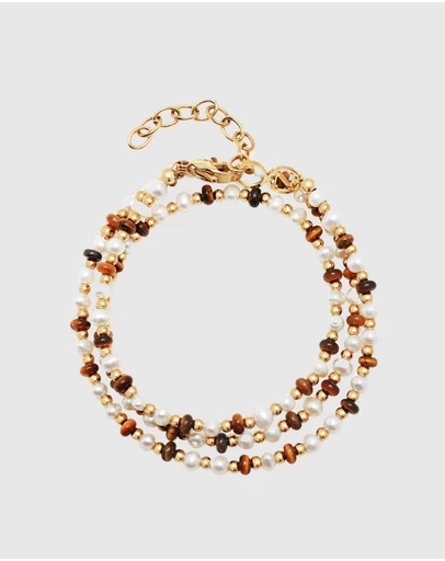 Nialaya Jewellery - Wrap Bracelet with White Pearls, Brown Tiger Eye, and Gold