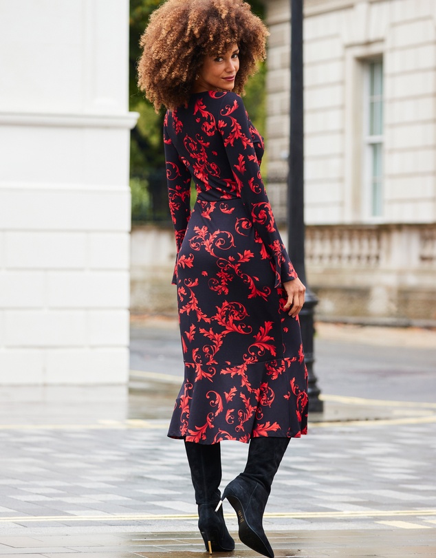 Sosandar - Baroque Print Keyhole Detail Ruched Front Midi Jersey Dress