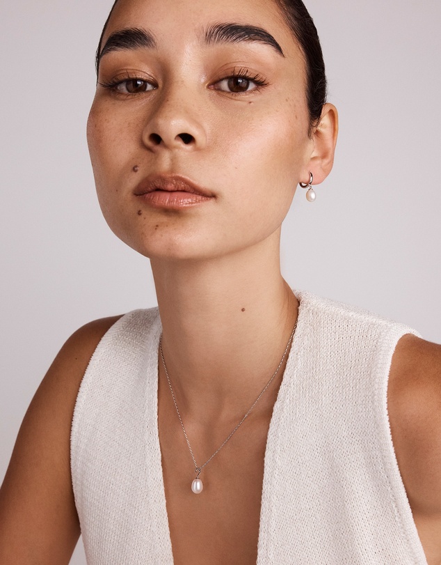 Michael Hill - Cultured Freshwater Pearl Drop Huggie Hoop Earrings and Pendant Necklace Set in Sterling Silver