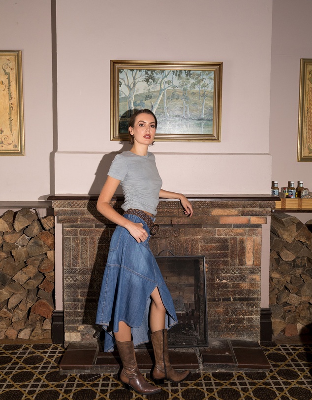 Love and Nostalgia - Little Wildflower Denim Midi Skirt