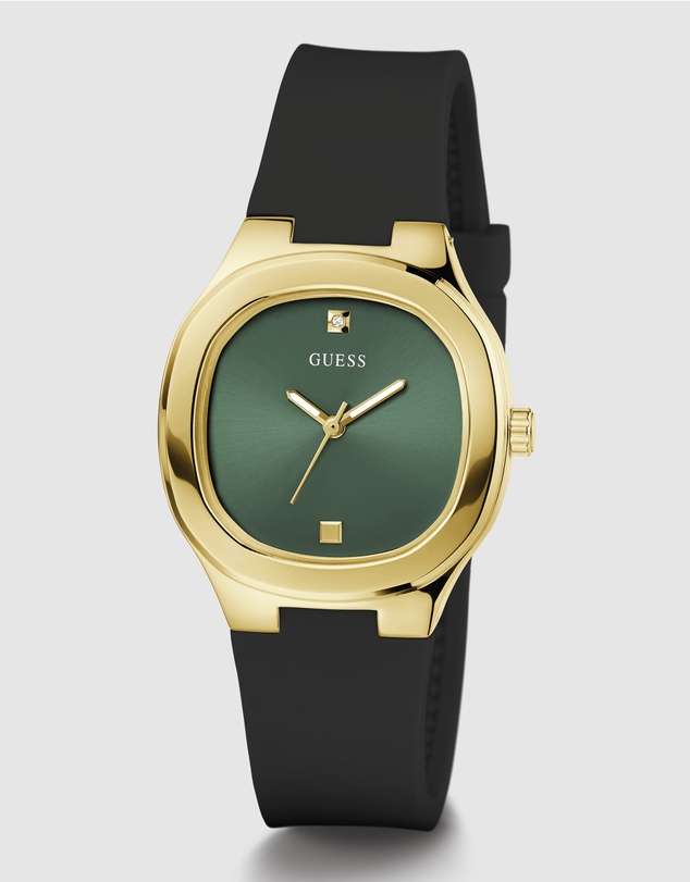 GUESS - Eve Gold-tone 32mm Green Dial Ladies Watch with Black Silicone Strap