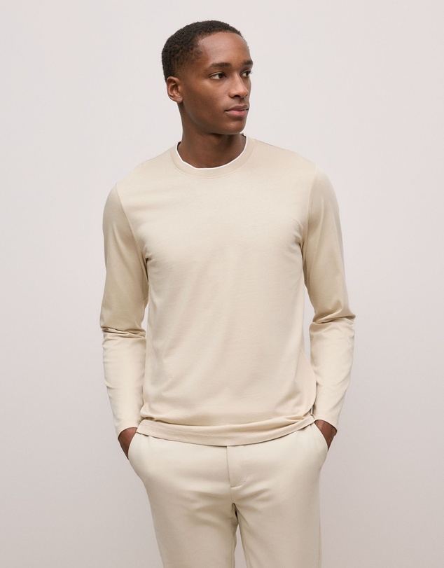 Trenery - Mercerised Cotton Tipped Long Sleeve T-shirt in Fawn