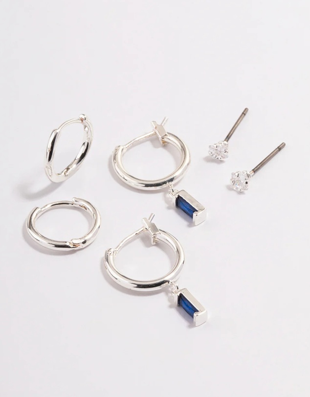 Lovisa - Silver Plated Brass Cubic Zirconia Sapphire Cut Huggie Earrings 6-Pack