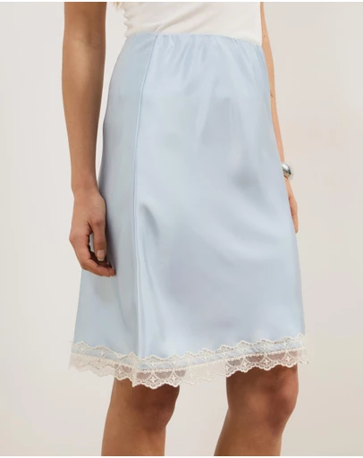 Atmos&Here - Lauren Satin Bias Knee Length Skirt With Lace Hem