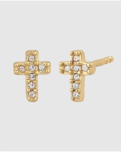 Elli Jewelry - Crystal Cross Stud Earrings in Gold-Plated 925 Silver