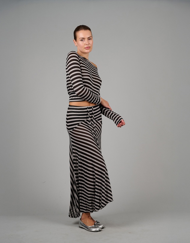 Love and Nostalgia - Alexa Striped Asymmetrical Skirt - Black / Nude