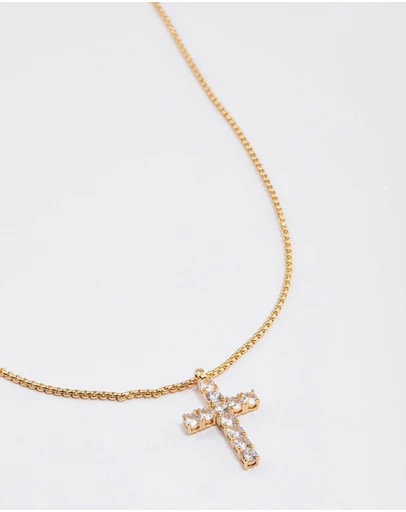 Lovisa - Waterproof Gold Plated Stainless Steel Cubic Zirconia Cross Necklace