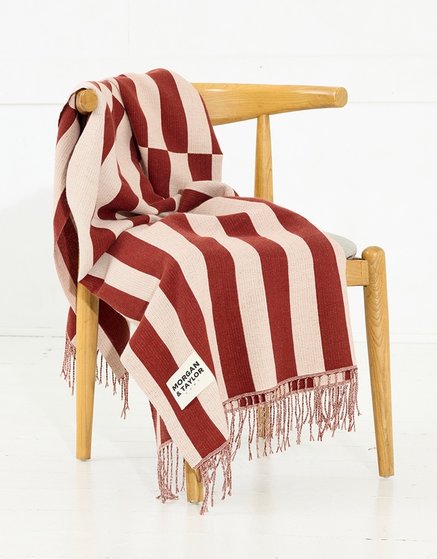 Morgan & Taylor - Soren Throw Blanket in Beige with Burgundy Red Stripes