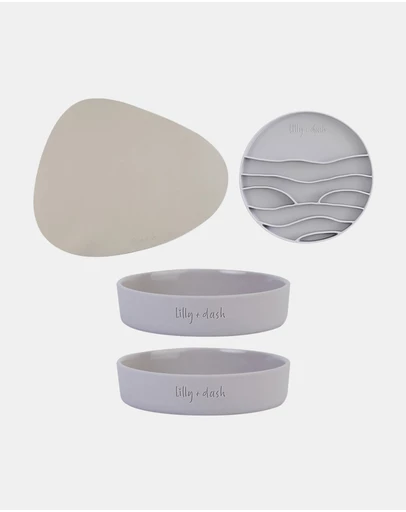 Lilly + Dash - Cat Eat and Drink Set – 2 Bowls + Lick Insert + Slate Placemat