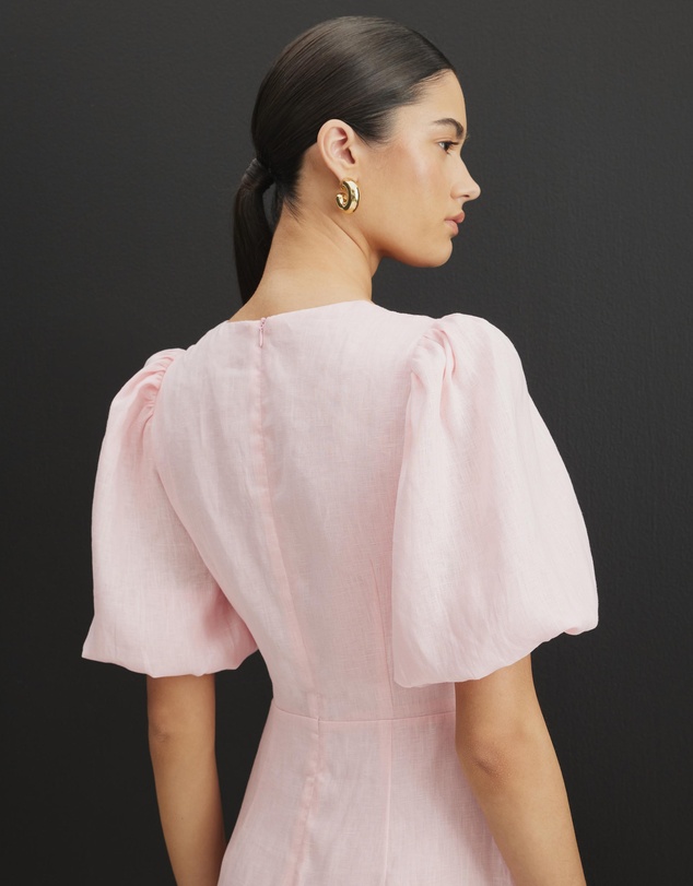 AERE - Serena Linen Puff Sleeve Midi Dress