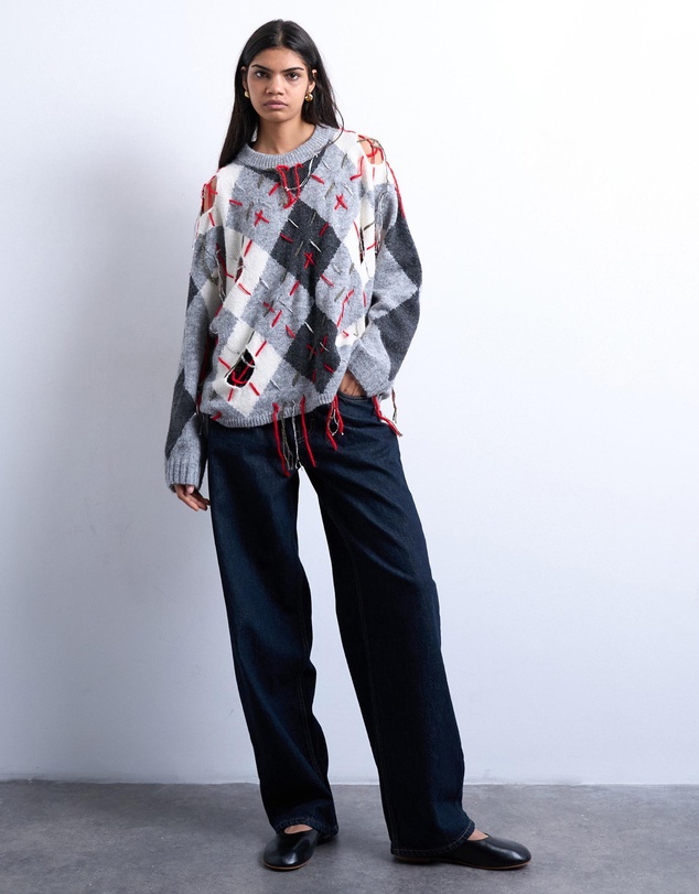 TOPSHOP - Knitted Argyle Distressed Jumper
