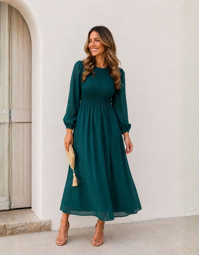 Esther & Co - Iolana Dress - Deep Green Long Sleeve