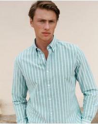 Trenery - Regular Fit Yarn Dyed Stripe Oxford Shirt in Deep Green