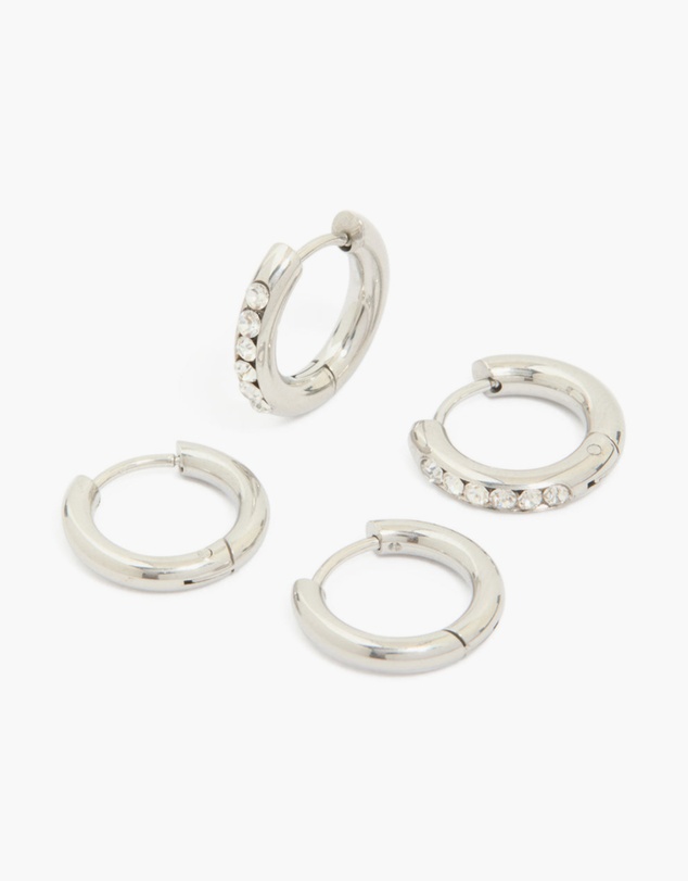Lovisa - Waterproof Stainless Steel Cubic Zirconia & Smooth Chunky Huggie Earrings 2-Pack