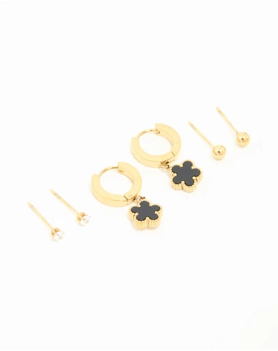 Lovisa - Waterproof Gold Plated Stainless Steel Flower & Star Earrings 3-Pack