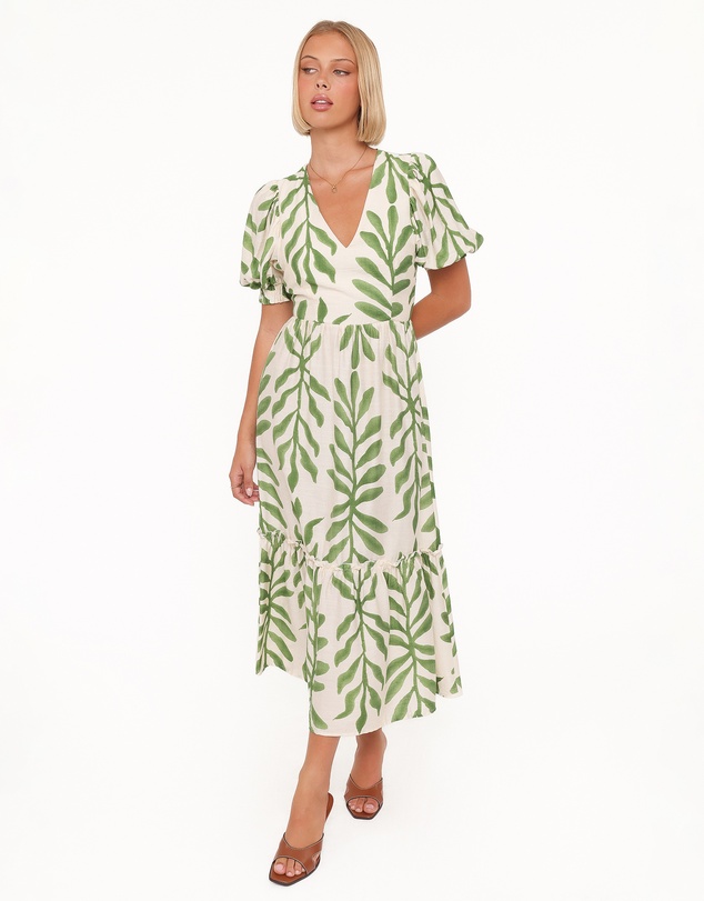 Petal & Pup - Steele Puff Sleeve Midi Dress - Green Palm