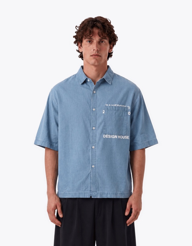 Zanerobe - Overlap Denim Crop Shirt Mid Blue