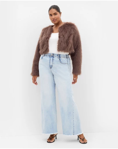 City Chic - Plus size Angelica Faux Fur Crop Jacket - truffle
