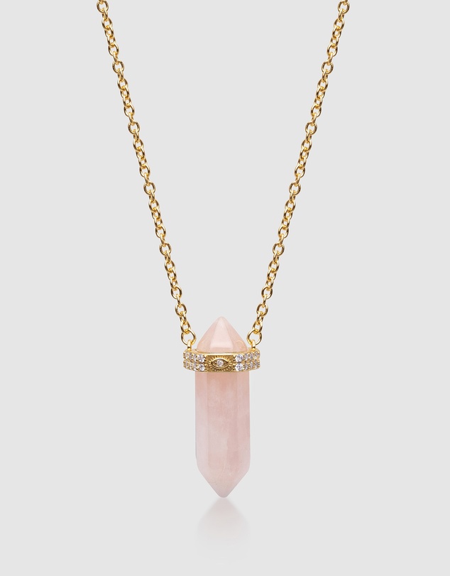 Nialaya Jewellery - Rose Quartz Crystal Necklace with Engraved Evil Eye Detail