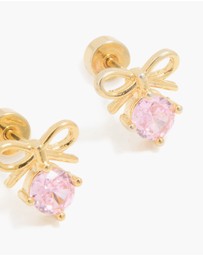 Lovisa - Kids Gold Plated Surgical Steel Pink Cubic Zirconia Bow Flat Back Earrings