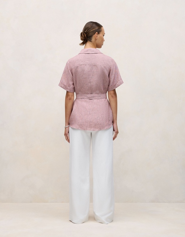 Trenery - Linen End On End Stripe Belted Shirt in Light Pink