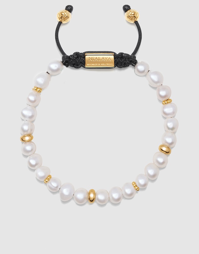 Nialaya Jewellery - Men's Beaded Bracelet with Pearl and Gold