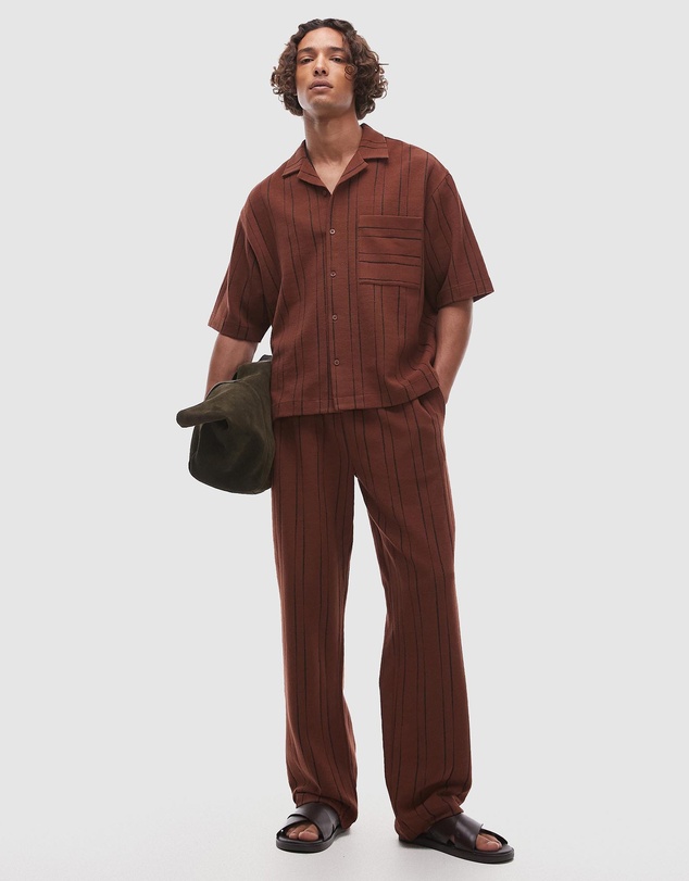 Topman - Oversized Fit Textured Stripe Button Through Polo
