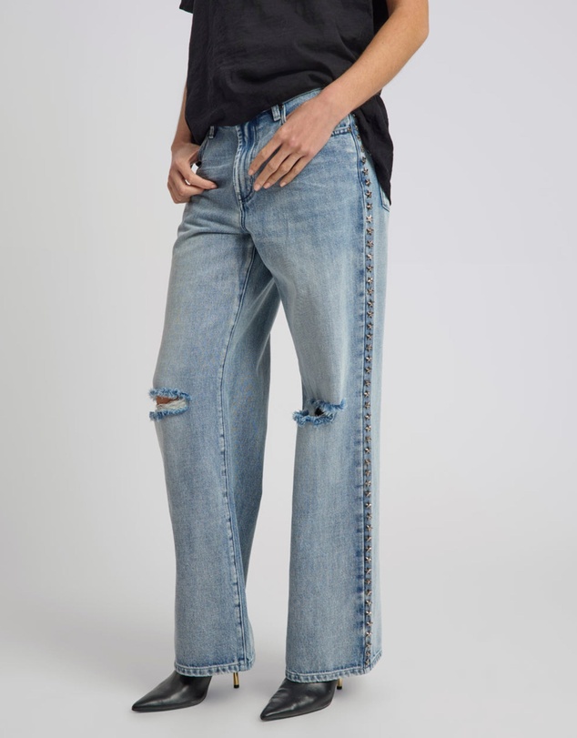 ONE TEASPOON - 25th Anniversary Jackson Mid Waist Wide Leg Studded Denim Jeans - Salty Dog