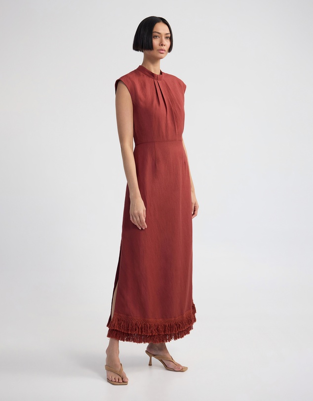 Oxford - Ingrid Fringe Trim Linen Blend Dress