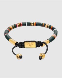 Nialaya Jewellery - Men's Beaded Bracelet with Dark Green and Gold Disc Beads