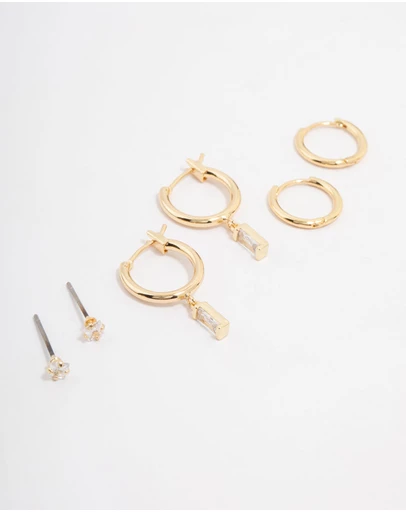Lovisa - Gold Plated Brass Cubic Zirconia Baguette Hoop Earring 3-Pack